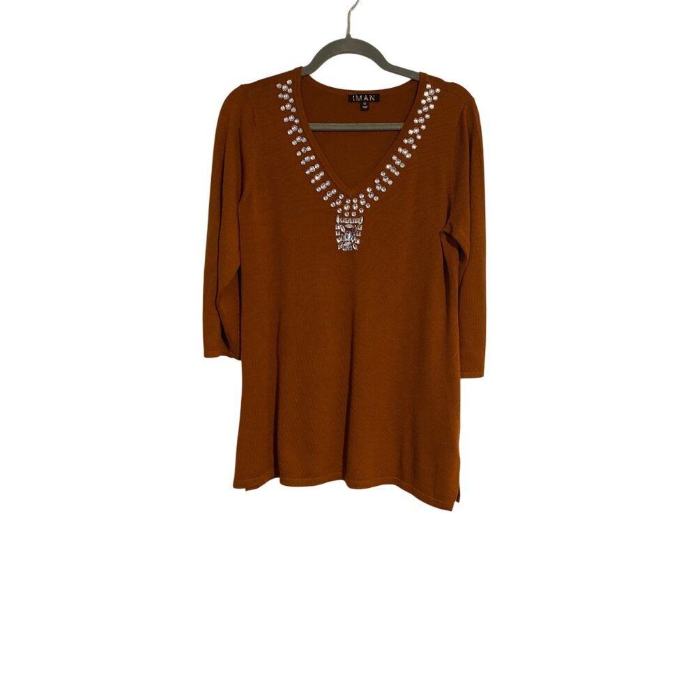 Iman Sweater Women's M Rust Rhinestone V-Neck Embellishment Casual Elegance